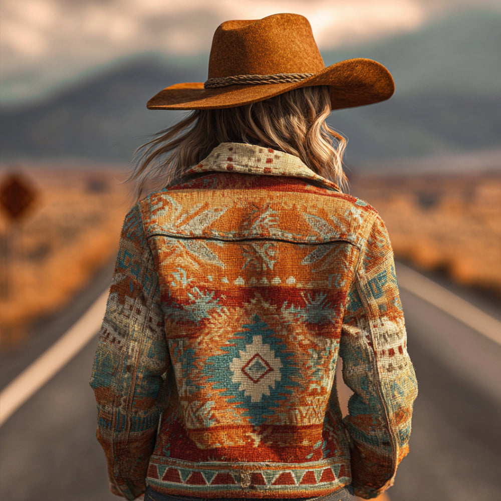 Bohemian Western Style Ethnic Floral Geometric Pattern Lapel Long-sleeved Jacket elevenforest