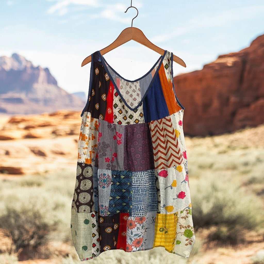 Women's Loose Floral Patchwork Linen Sleeveless Tank Top elevenforest