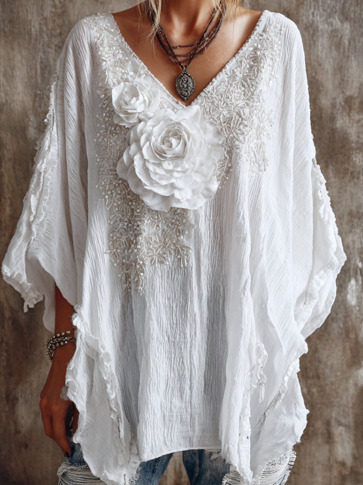 Retro White Rose With Sparkle Women's V-neck  Top elevenforest