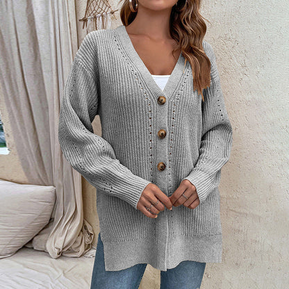 Autumn Winter Hollow Out Cutout Cardigan Sweater Button Slit Knit Sweater Coat
