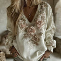 Women's Vintage Pink Rose Embroidered V-neck Long Sleeve Sweatshirt elevenforest