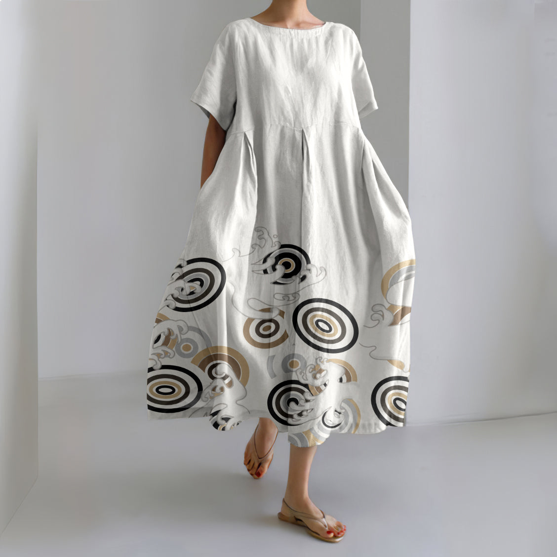 Comstylish Japanese Wave Geometric Art Round Neck Short Sleeve Midi Dress