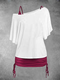 Women'S Casual Slant Collar Bat Sleeve Contrast Color Top 