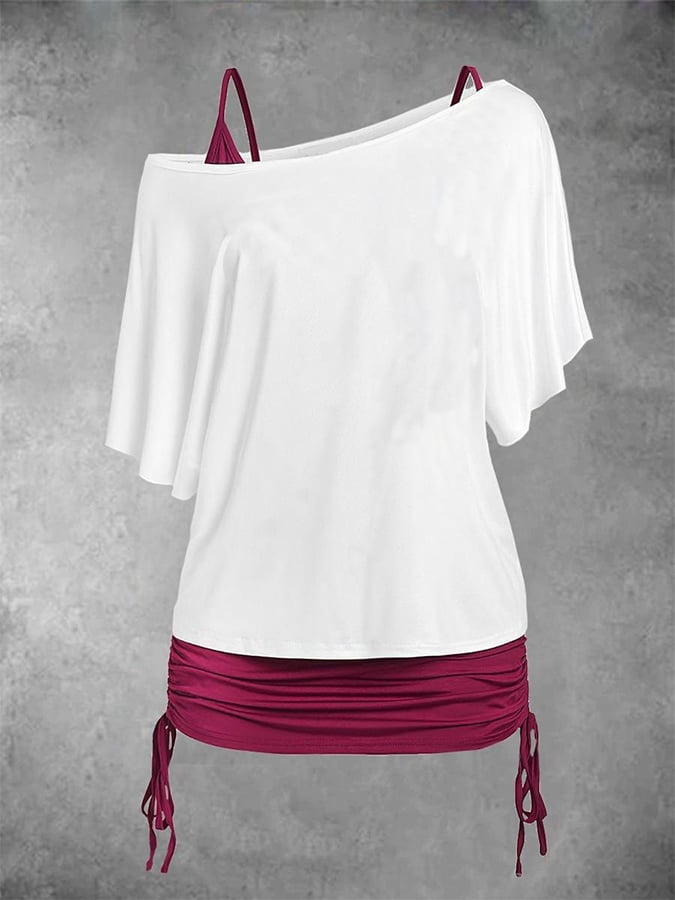 Women'S Casual Slant Collar Bat Sleeve Contrast Color Top 