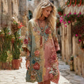 The Ice Cream Collection Women's Classic Bohemian Floral And Rose Gradient Art Linen Long Sleeve Midi Dress elevenforest