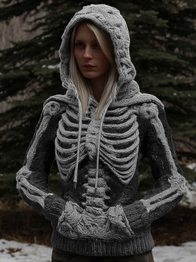 Comstylish Women's Vintage White Skeleton Gradient Art Cozy Hooded Sweater