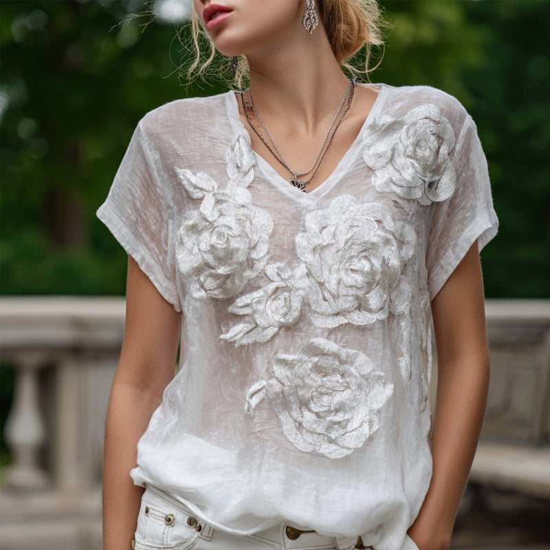 Vintage White Roses Embroidered V Neck Linen T Shirt elevenforest