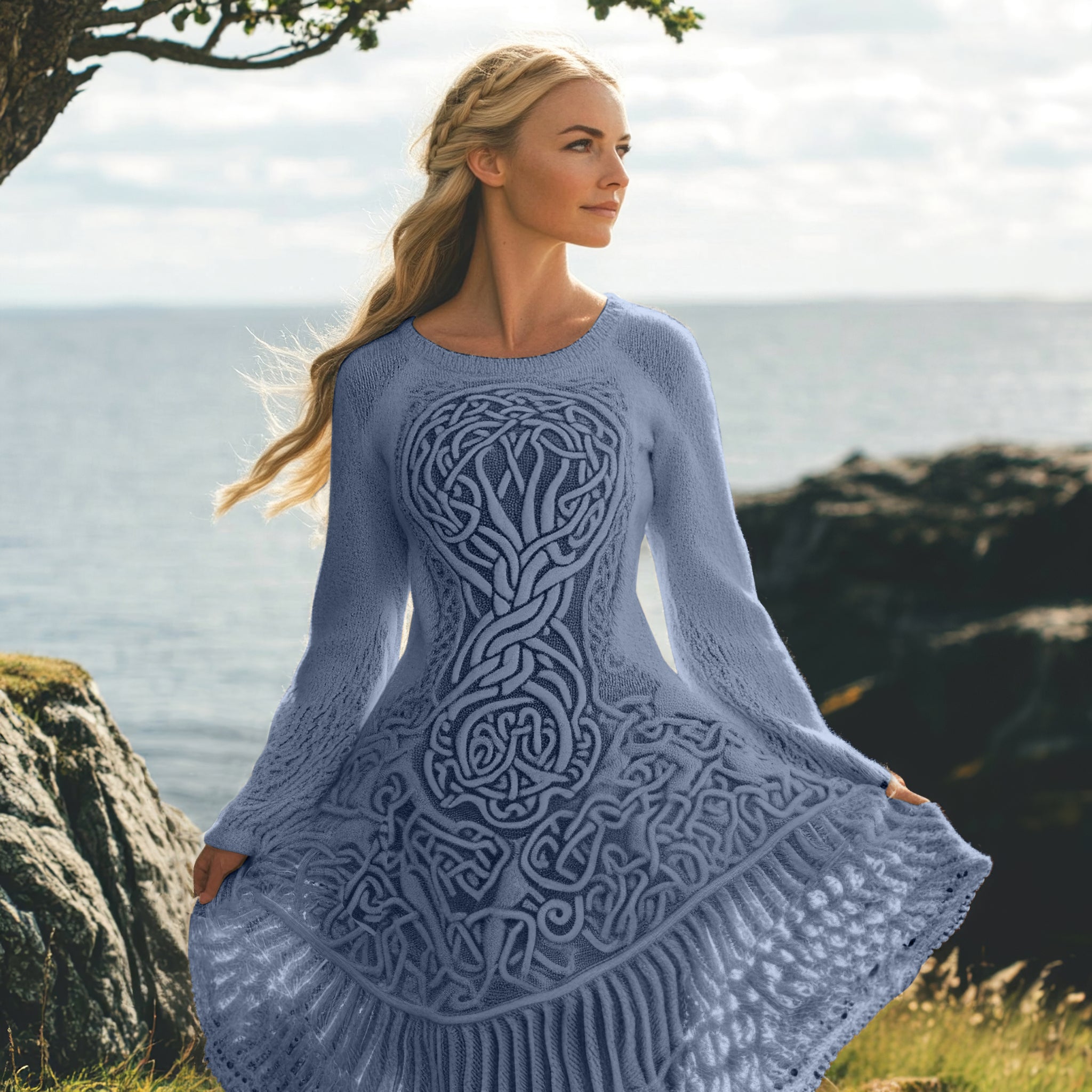 Women's Celtic Knot And Tree Of Life Long Sleeve Sweater Dress elevenforest