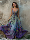 Classy Violet Floral Embroidered Gradient Flowy Linen Maxi Dress elevenforest