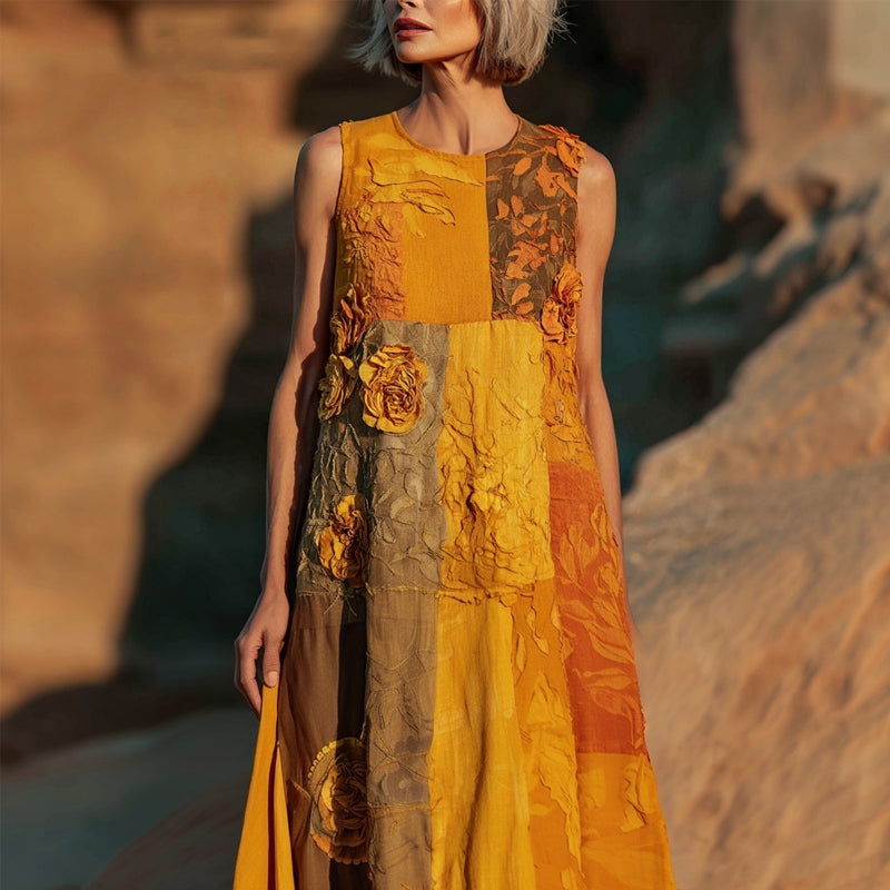 Turmeric Roses Embroidered Patchwork Linen Midi Dress elevenforest