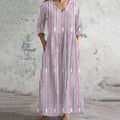 Women's Vintage Blue And Red Striped Independence Day V-neck Linen Blend Maxi Dress elevenforest