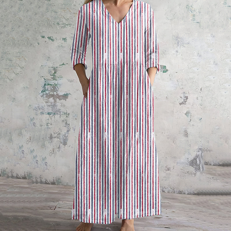 Women's Vintage Blue And Red Striped Independence Day V-neck Linen Blend Maxi Dress elevenforest