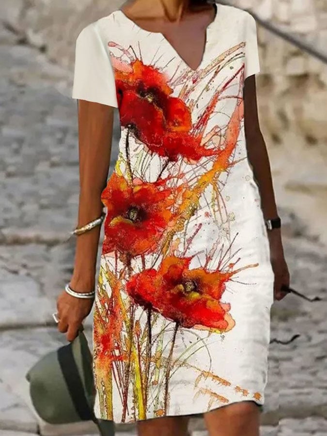 Notched Cotton Casual Floral Printed Dress