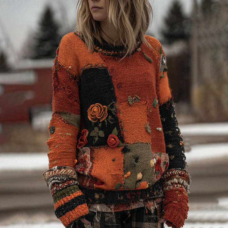 Vintage Halloween Floral Patchwork Knitted Crew Neck Cozy Sweater elevenforest