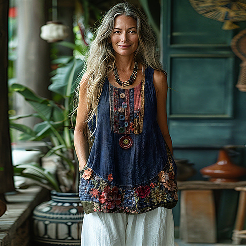 Vintage Tribal Floral Patchwork Sleeveless Tank Top elevenforest