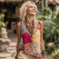 Women Vintage Floral Geometry Art Linen V Neck Tank Top elevenforest