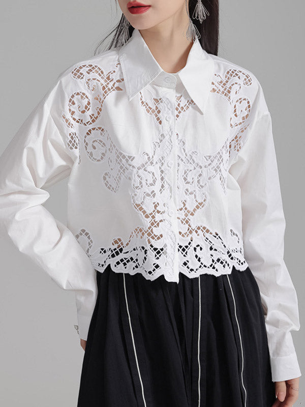 Long Sleeves Loose Buttoned Hollow Color Lapel Blouses&shirts Tops