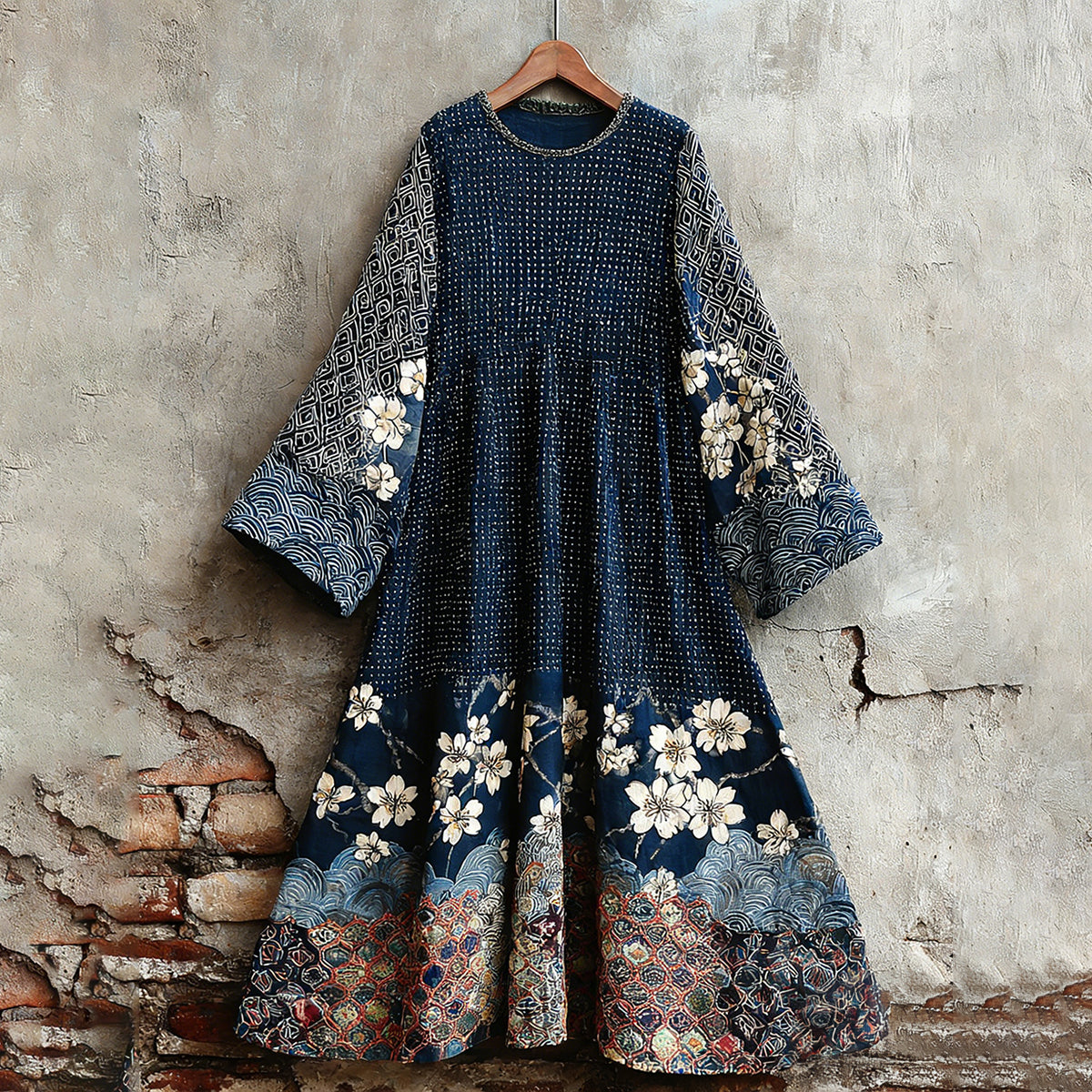 Comstylish Women's Traditional Japanese Sashiko Art Round Neck Dress