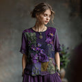 Women's Embroidered Pansy Floral Patchwork Check Short Sleeve T-shirt elevenforest