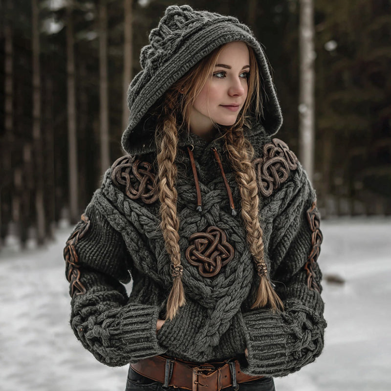 Women's Vintage Celtic Knot Knit Casual Hooded Sweater artswardrobe