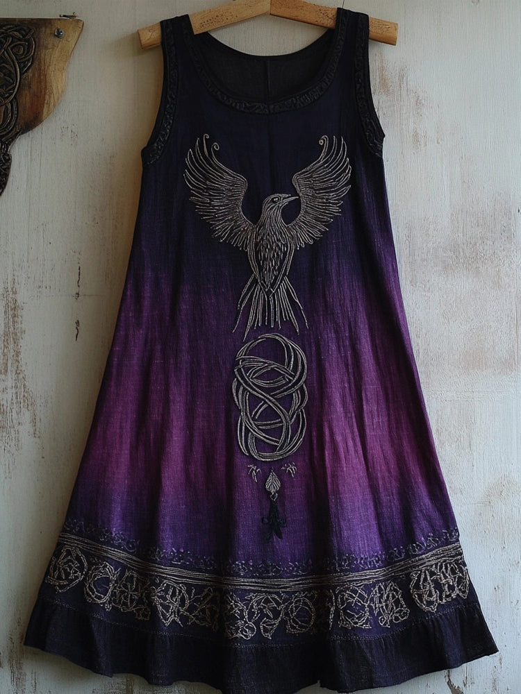 Vintage Celtic Raven Embroidered Purple Gradient Tank Dress elevenforest