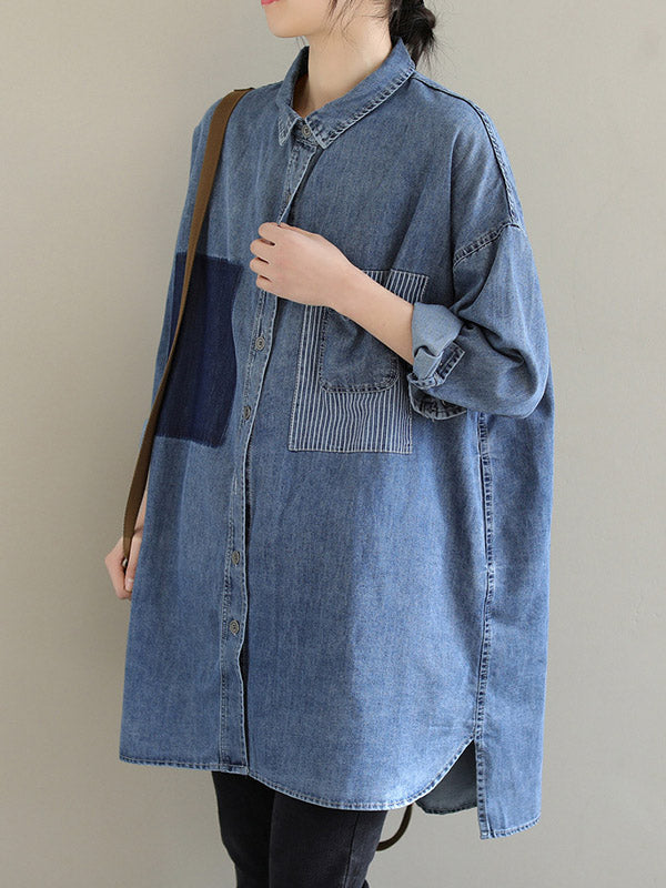 High-low Long Sleeves Asymmetric Buttoned Pockets Split-joint Lapel Blouses&shirts Tops