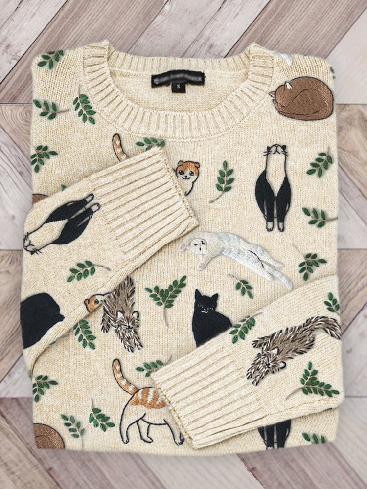 Cats & Leaves Embroidery Pattern Cozy Knit Sweater artswardrobe