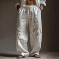 Men's White Almond Blossom Flowy Wide Leg Linen Pants elevenforest