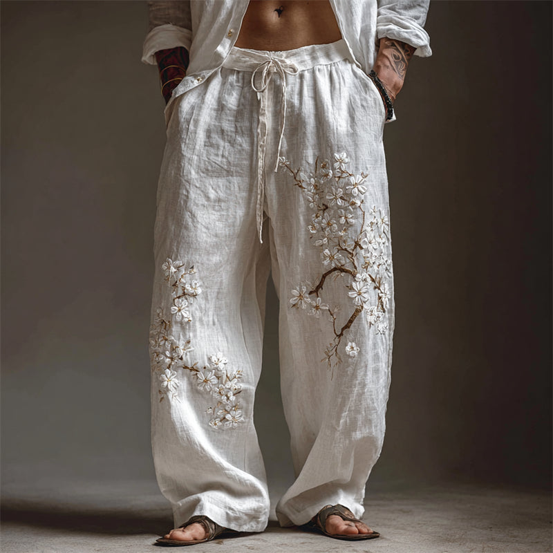Men's White Almond Blossom Flowy Wide Leg Linen Pants elevenforest