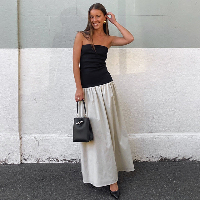 Taruxy Clash Color Strapless Maxi Dress for Summer Off Shoulder Patchwork Backless Sleeveless Beach Dress Female