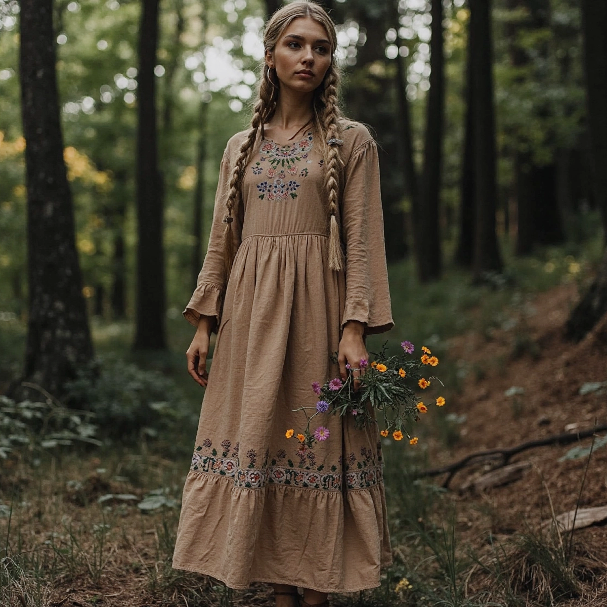 Women's Floral Embroidered Cotton Linen Vintage Dress elevenforest