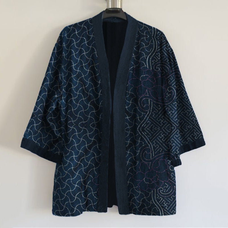 Japanese Traditional Sashiko Art Print Linen Blend Kimono Cardigan elevenforest