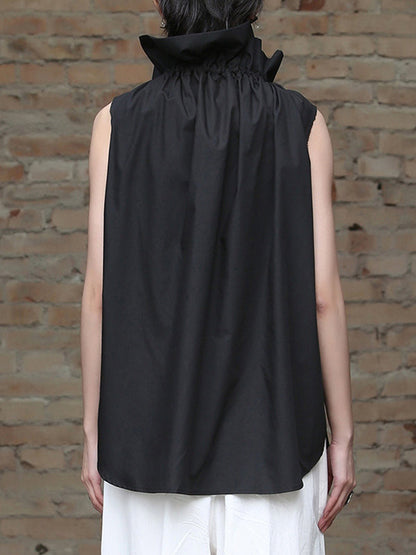 Sleeveless Pleated Color Statement Collar Blouses&shirts Tops