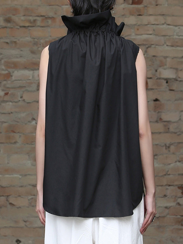 Sleeveless Pleated Color Statement Collar Blouses&shirts Tops