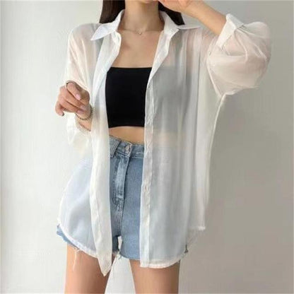 Perspective Shirts Sheer Thin Summer Simple Sun-proof Top Blouse Baggy All-match Basic Korean Clothing