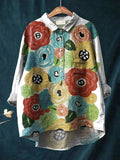 Vintage Lovely Floral Art Print Casual Cotton And Linen Shirt