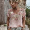 Vintage Pink Boho Roses Art Comfy Linen T Shirt elevenforest