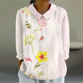 Women's Vintage Flower Art Print Casual Cotton And Linen 3/4 Sleeve Shirt elevenforest