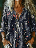 Women's Floral Art Patterns Print Linen And Cotton V-neck Casual Shirt