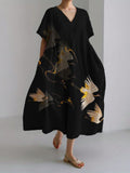 Classy Flying Cranes Japanese Art Linen Blend Maxi Dress elevenforest