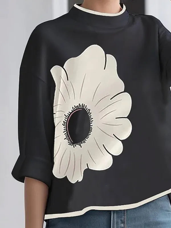 A-line High-low Flower Print Mock Neck T-shirts Tops
