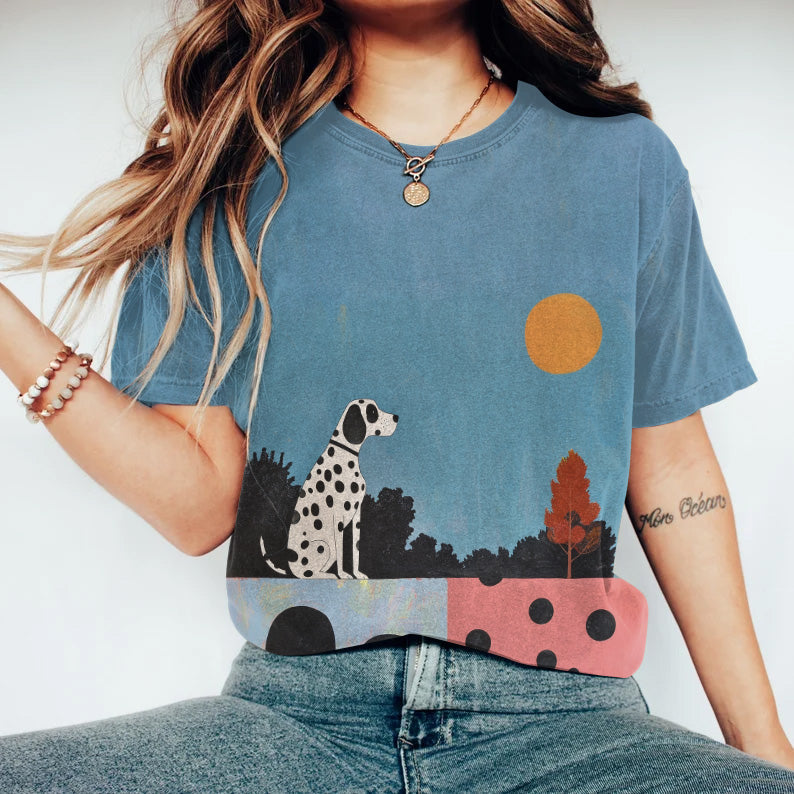 Retro Dalmatian Landscape Sunset Painting Art Print T-Shirt elevenforest