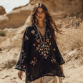 Boho Vintage Floral Embroidery Print Cotton And Linen Blend Loose Blouse elevenforest