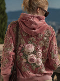 Vintage Pink Roses Embroidered Cozy Hoodie elevenforest