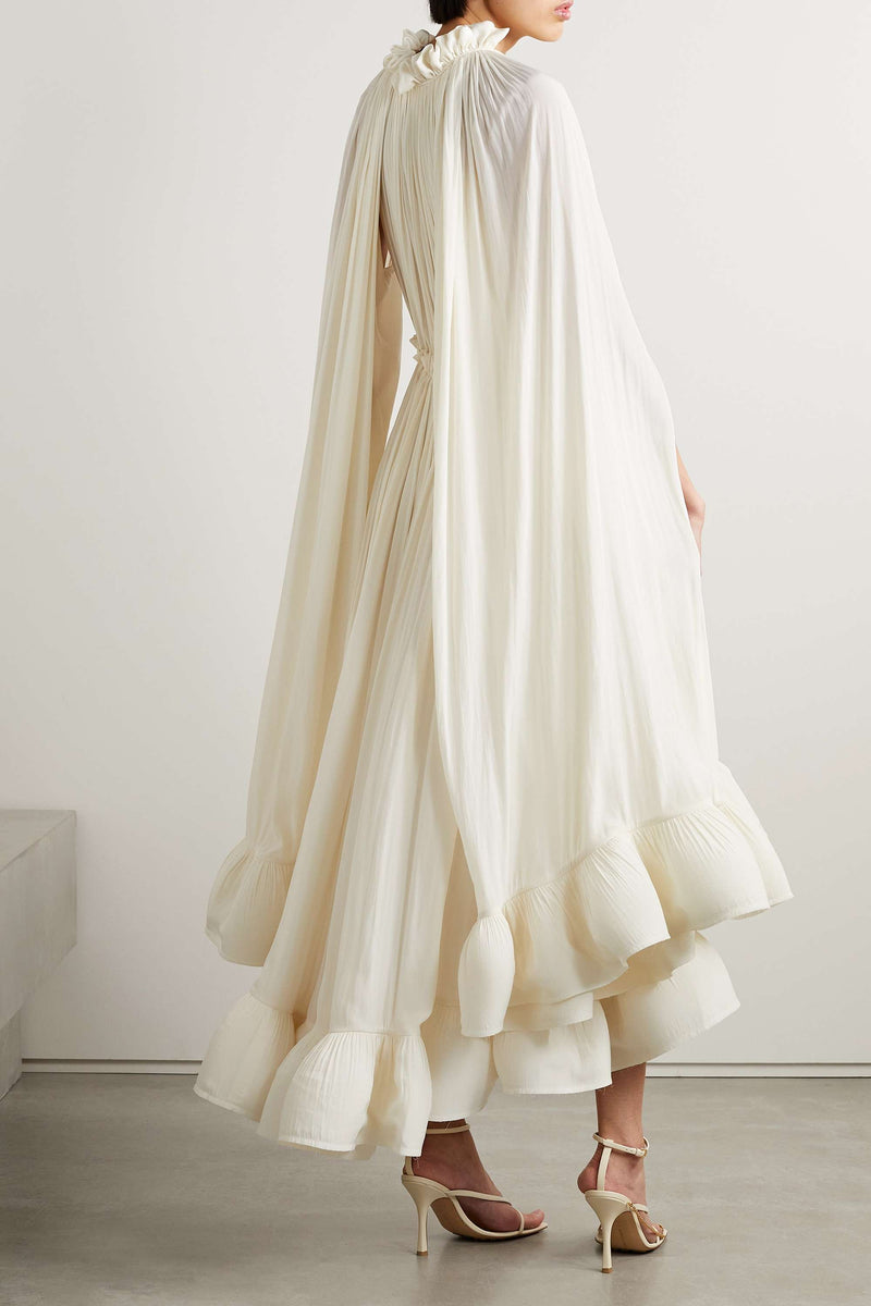 V-neck Ruffle Hem Cape Large Hemline Midi Dress Beige