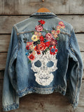 Halloween Lace Skull Retro Washed Denim Jacket elevenforest