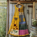 Vintage Boho Sunflower With Bee In Plaid Embroidered Cozy Linen Maxi Dress elevenforest