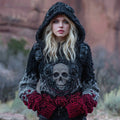 Women's Tribal Dark Style Rose Skull Art Chunky Knit Hooded Sweater elevenforest