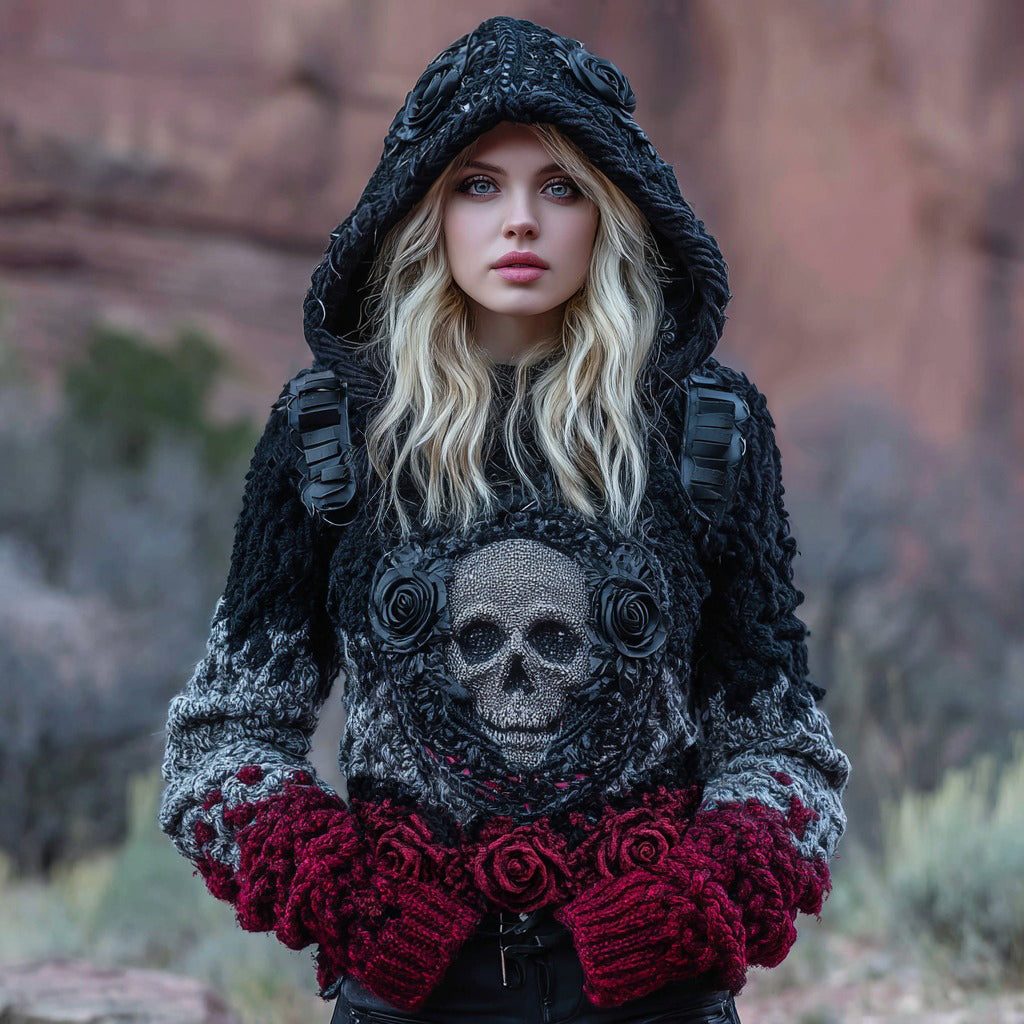 Women's Tribal Dark Style Rose Skull Art Chunky Knit Hooded Sweater elevenforest