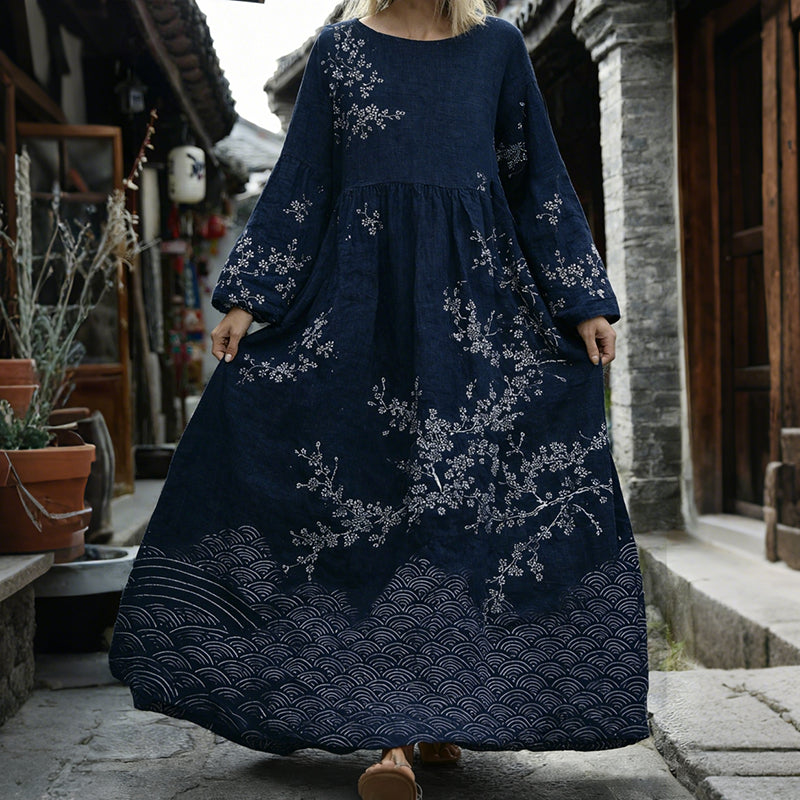 Women's Japanese Cherry Blossom Sea Waves Art Linen Flowy Maxi Dress elevenforest